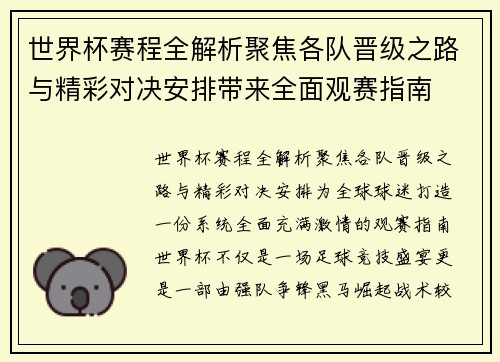 世界杯赛程全解析聚焦各队晋级之路与精彩对决安排带来全面观赛指南 世界杯赛程全解析聚焦各队晋级之路与精彩对决安排带来全面观赛指南